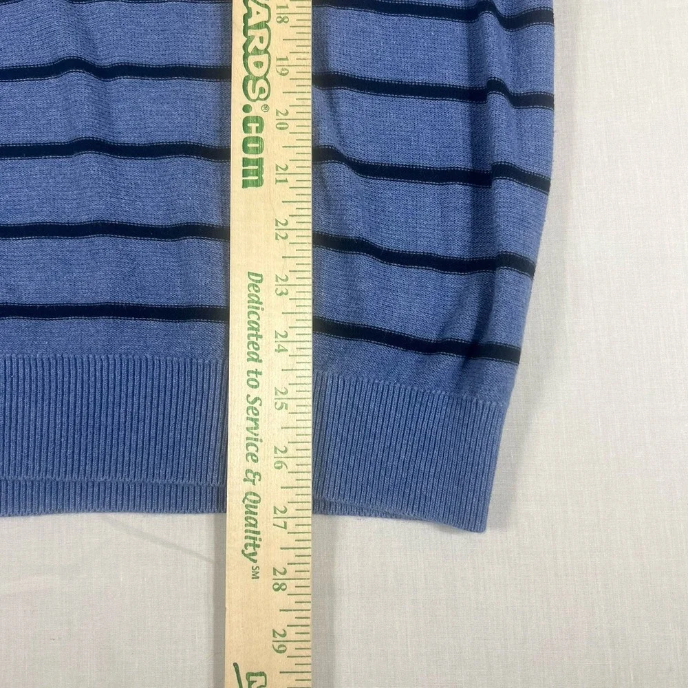 Nautica Mens Large Blue Black Striped V Neck Sweater Cotton Knit Pullover